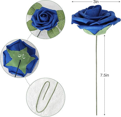 AmyHomie Artificial Flower Royal Blue Rose 25pcs Real Looking Fake Roses w/Stem for DIY Wedding Bouquets Centerpieces Arrangements Party Baby Shower Valentines Day Christmas Tree Decorations