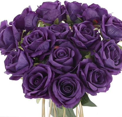 15Pcs Purple Roses Artificial Flowers Fake Roses Long Stem Velet Rose Silk Flowers for Home Wedding Decoration (Round Roses,Pure Purple)