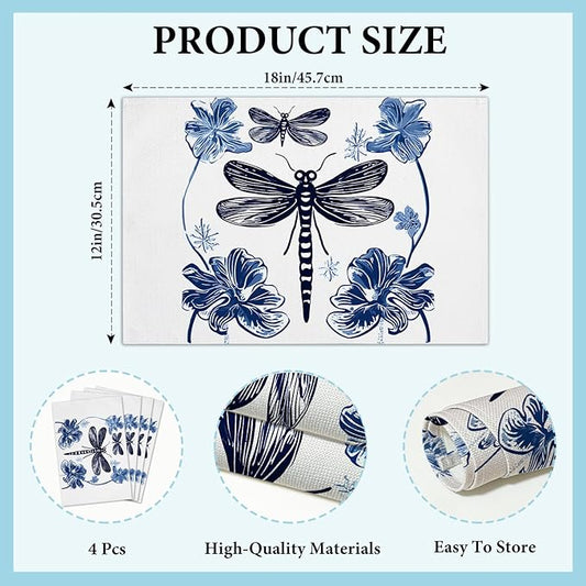 Cotton Linen Waterproof Placemats Set of 4, Dragonfly Blue Dining Mat Table Mats Decor Fabric for Kitchen Dinner Coffee Shop Table, Indoor/Outdoor Washable Wipeable Placemat -N037
