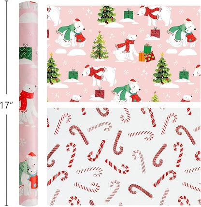 MAYPLUSS Christmas Wrapping Paper Roll - 17IN X 33FT - Pink Gift Wrap Paper Featuring Christmas Tree Polar Bear Scarf Hat Reversible Candy Cane for Kids, Holiday, New Year