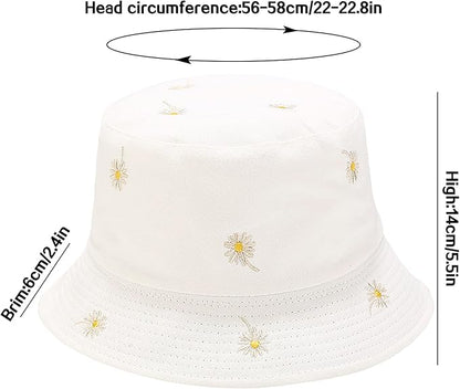 Flower Reversible Bucket Hat Cotton Summer Travel Beach Sun Hats Emboridery for Women Men