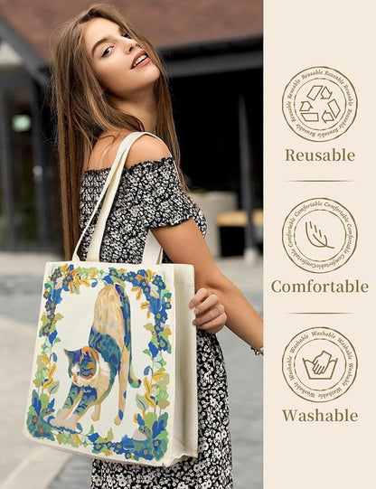 AUSVKAI Canvas Tote Bag Aesthetic for Women, Cute Reusable Bags with Pockets & Snaps for Beach Shopping College Gym Grocery