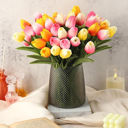 Janinka 64pcs Artificial Tulip Flowers Fake PU Tulips Faux Latex Bouquet Flower Centerpieces Arrangement Floral for Mother Day Wedding Spring Decorations (Multicolor)