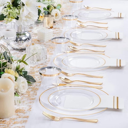 SUT 175 PCS Clear and Gold Plastic Plates, Plates Disposable Heavy Duty for 25 Guests, Disposable Plates for Party and Wedding, Party plates and Cups and Napkins Sets, Plastic plates Disposable