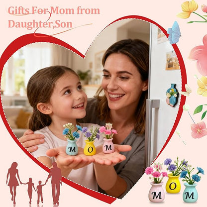 Mom Birthday Gifts Mini Vase Magnets for Fridge Cute Tiny Plant Refrigerator Magnets Ceramic Flower Vases with Artificial Flowers Mom Gifts from Daughter or Son Thanksgiving Christmas Mother’s Day