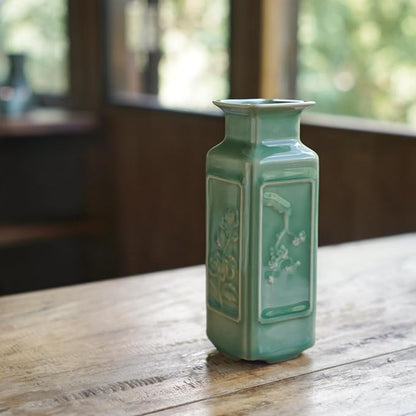 Handmade Sage Green Vase – Small Jade Green Ceramic Bud Vase (5.5in), Oriental Pottery Decor for Table, Shelf, or Meditation Space