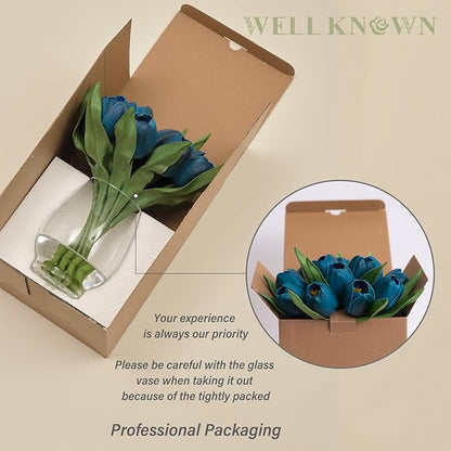 WELL KNOWN 12 Pcs Fake Tulips Artificial Flowers in Vase with Faux Water, Foam Tulip Flower Arrangement with Vase for Home Office Decor, Dining Table Wedding Centerpiece & Mom's Gift (Peacock Blue)