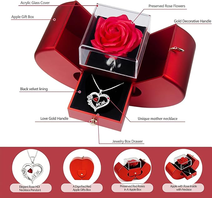 Preserved Rose Mother Gifts for Mom from Daughter Birthday Gift for Mum from Son Forever Red Roses with Mom Rose Heart Necklace for Grandma Mama Nana I Love You