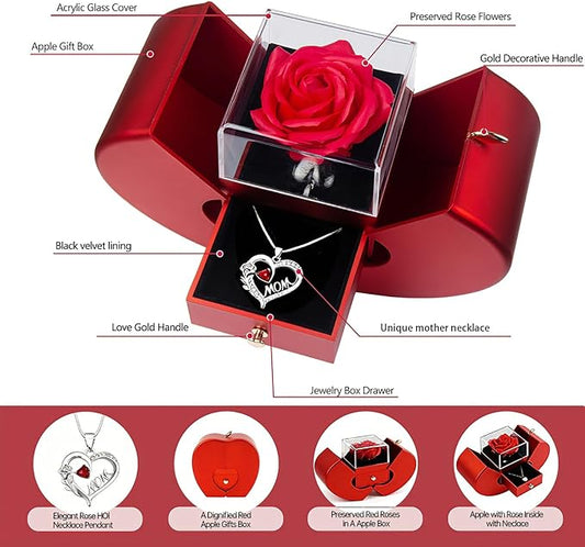Preserved Rose Mother Gifts for Mom from Daughter Birthday Gift for Mum from Son Forever Red Roses with Mom Rose Heart Necklace for Grandma Mama Nana I Love You