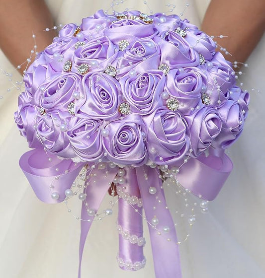 Bridal Wedding Bouquet Round Bling Brooch Bouquet Throw Toss Artificial Rose Flower Bunch for Bride Bridesmaid Wedding Quinceanera(Light Purple, 7.5")