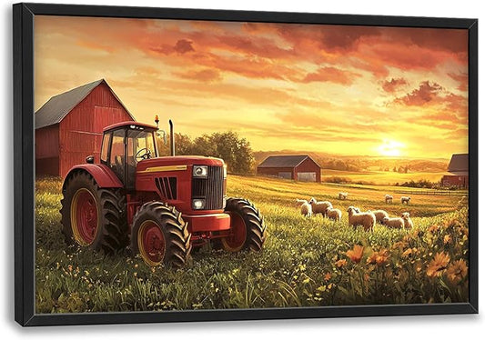 Farmhouse Sunset Large Wall Art Framed Wall Decor for Living Room Rustic Barn Tractor Pictures Oversized Canvas Print Painting Modern Extra Large Framed Artwork for Bedroom Office 36"x24"