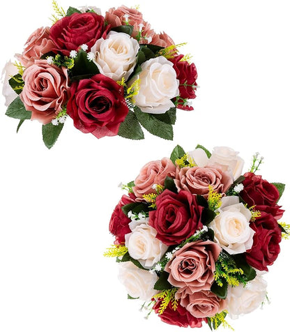 BLOSMON Flower Centerpieces Decoration for Table: 2 Pcs Burgundy & Dusty Rose & Creamy White Fake Roses Kissing Flower for Wedding - Artificial Silk Floral Arrangements Home Party DIY Decoration