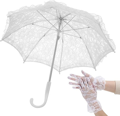 Mini Lace Umbrellas, White Embroidery Parasol Floral Lace Wrist Gloves for Women Vintage Bridal Umbrella Set for Wedding Tea Party Photography Props
