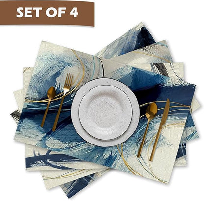 Abstract Navy Blue and White Placemats Set of 4, Modern Contemporary Placemats Table Mats Place Mats for Kitchen Dining Table Winter Holiday Party Decoration 16.9x11.4 Inch