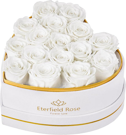 Eterfield 16 Forever Flowers in Heart Shape Box, Preserved Roses That Last a Year Preserved Flowers Birthday Gifts for Her Mom Women Wife Anniversary Valentines Day Mothers Day Christmas, White