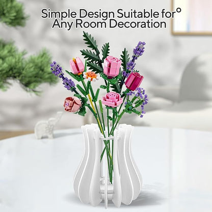 Wooden Vase for Lego Flowers - Wooden Vase for Lego Bouquet, Wood Vases Puzzle Set for LegoRoses Sunflower Tulips, Vases Kit for Artificial Bouquet Arrangement Home and Office Decoration (White)
