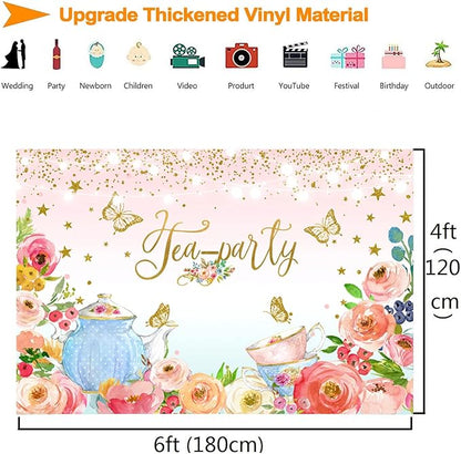 Pink Floral Tea Party Backdrop Glitter Gold Dots Butterfly Lets Partea Photography Background for Women Birthday Bridal Baby Shower Decorations Girls Wonderland Party Banner Photo Booth Supplies 6x4ft