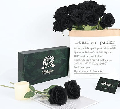 Waipfaru 16 Pcs Artificial Flowers Fake Silk Black Roses Bulk, Faux Real Touch Roses Bouquet with Long Stem for Wedding Party Home Decor (Black)