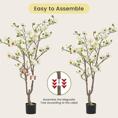 Artificial Magnolia Tree, 4.9 ft Tall Fake Indoor Tree, Faux Magnolia Tree is Realistic Real Touch Leaves and Flowers Perfect for Home Decor, Living Room, Floor and Wedding(White)
