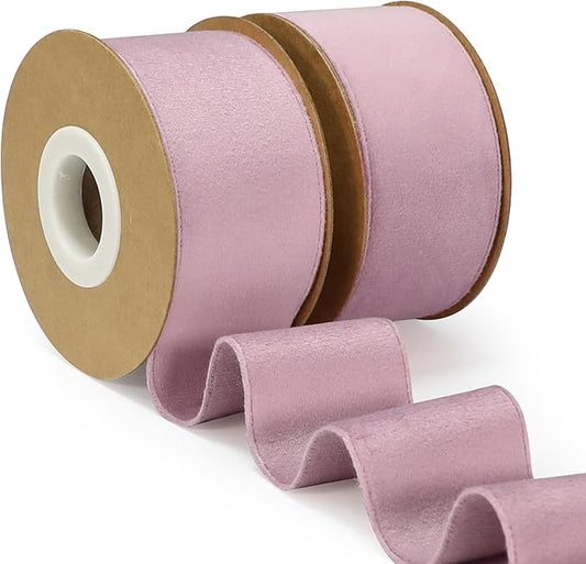 Dusty Rose Velvet Ribbon, 1-1/2 inch Wide Handmade Fabric Ribbons for Christmas Decor, Flower Bouquet, Wedding Decoration, Baby Shower, 2 Rolls