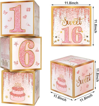 Sweet 16 Party Decorations,16th Birthday Boxes Decor for Girls Women Sweet Sixteen Happy Birthday Banner Kits Pink Rose Gold Foil Balloons Party Supplies Rose Gold Tassel Curtain