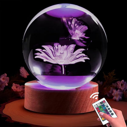 Butterfly Gifts for Women, 3.15in 3D Crystal Ball Lamp with Remote, Night Light, Butterfly Decor, Lamp Birthday Christmas Mother Day for Girls, Woman, Daughter