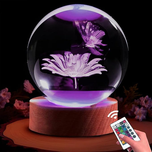 Butterfly Gifts for Women, 3.15in 3D Crystal Ball Lamp with Remote, Night Light, Butterfly Decor, Lamp Birthday Christmas Mother Day for Girls, Woman, Daughter
