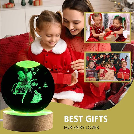 Fairy Gifts for Women Girls, 3.15in 3D Figurine Crystal Ball Lamp with Remote Control, Fairy Decor for Bedroom, Birthday Christmas for Girls Women Lovers