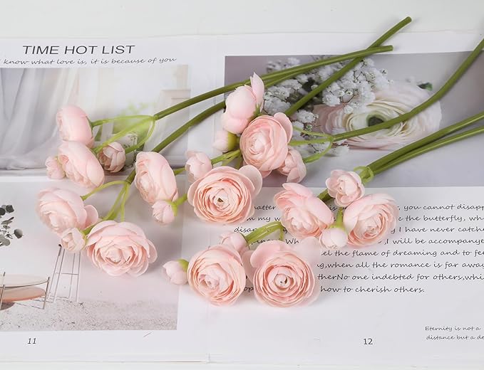 IPOPU Faux Ranunculus Flowers 2 Bouquets Small Pink Flowers Artificial Ranunculus 12PCS Mini Pink Fake Flower for DIY Wedding Bouquet Bridal Shower Decor Filler Flower Centerpieces (Blush Pink)