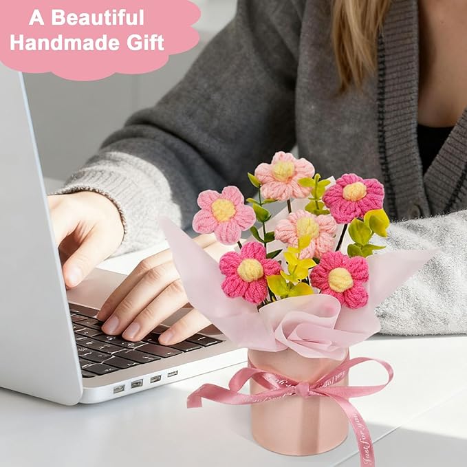 Crochet Flowers Bouquet, Handmade Knitted Pink Daisy Flowers Bouquet for Mother's Day, Christmas, Wedding, Office, Desk, Dashboard, Home Décor, Birthday Gift for Mom Women (Pink-Daisy)