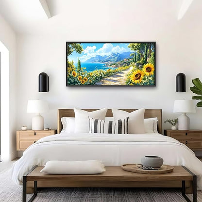 Coastal Sunflowers Large Wall Art Framed Wall Decor for Living Room Ocean Coast Pictures Oversized Canvas Print Painting Modern Extra Large Framed Artwork for Bedroom Office Home Decor 60"x30"