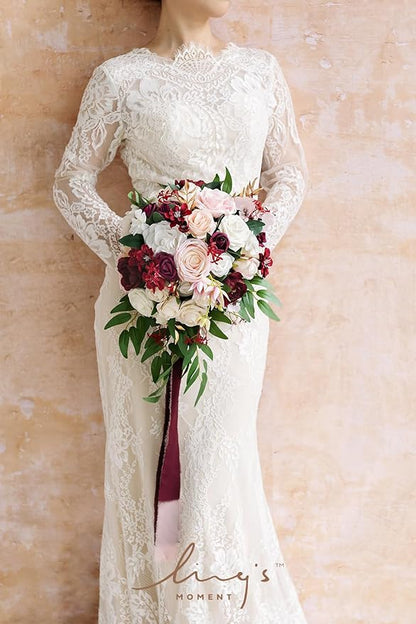 Ling's moment Burgundy Bridal Bouquet for Bride, 13 Inch Romantic Marsala Wedding Bouquets for Bride, Silk Round Artificial Wedding Flowers Bouquets