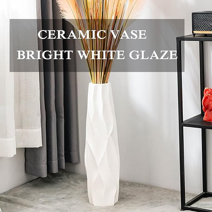 Floor Vase, GDSZJLJ 24 Inches Tall Ceramic White Large Decorative Vases for Modern Home Decor, Living Room, Minimalist Style Flower Vase for Pampas Grass, Flowers, Twigs, Office, Bedroom Décor