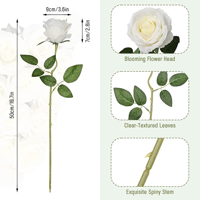 Waipfaru 8 Pcs Fake White Roses Artificial Flowers Bulk, Real Touch Silk Faux Roses with Long Stems for Wedding Bouquet Vase Flower Arrangement Table Centerpieces Home Decor (White)