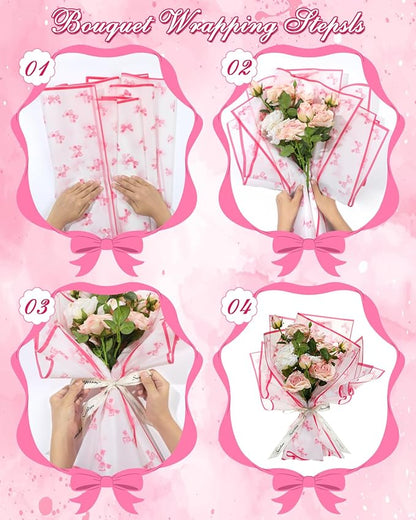 Liobelon 20 Sheets Flower Wrapping Paper Waterproof Bouquet Paper Bow Pattern Rose Pink Gift Wrapping Paper for Flower Shop, Wedding, Birthday Party, Handmade DIY, Anniversary 22.8 x 22.8Inch