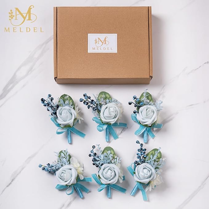 Meldel Blue Boutonniere for Men Wedding, Set of 6, Best Man Groom Groomsmen Boutonniere, Men Boutonnieres for Wedding Prom Party Homecoming Graduation