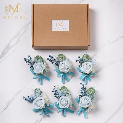 Meldel Blue Boutonniere for Men Wedding, Set of 6, Best Man Groom Groomsmen Boutonniere, Men Boutonnieres for Wedding Prom Party Homecoming Graduation