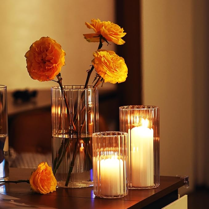 PHOSPHOR 6 PCS Ribbed Glass Candle Holder, Cylinder Candle Holders for Pillar Candles, Clear Glass Hurricane Candle Holders 6'', 8'', 10'' Glass Cylinder Centerpieces Vases