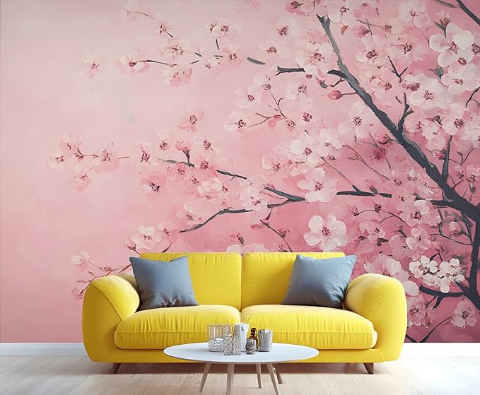 Pink Cherry Blossom Wall Mural, Romantic Cherry Blossom 3D Wall Murals, Japanese Flower Wallpaper Mural, for Living Room Bedroom Large Wallpaper Indoor Decor 157.5" W x110.3 H