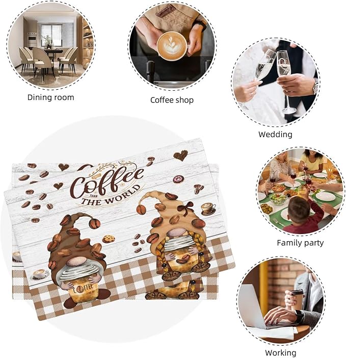 Coffee Gnomes Linen Placemats Set of 4 Brown Buffalo Plaid Placemat Indoor Outdoor Party Home Desktop Kitchen Dining Room Decoration 12x18 Inch