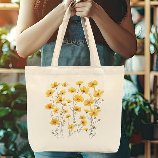 Aesthetic Floral Canvas Tote Bag for Women with Pocket, Tote Bags for Grocery Shopping Work Gym Christmas Birthday