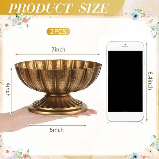 2 Pcs Metal Compote Bowl for Centerpiece Flower Holder Small Compote Vase Indoor Outdoor Flowers Fruits Plant for Christmas Wedding Home Party Decoration (Medium,Gold Bronze)