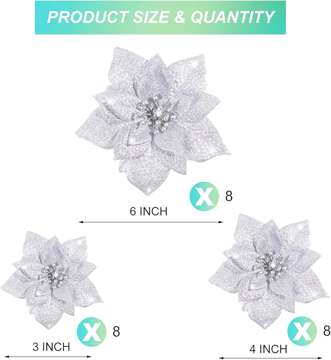 Boao 24 Pieces Glitter Poinsettia Artificial Christmas Flowers Poinsettia Decorations Wedding Christmas Tree Ornaments, 3/4/6 Inches (Silver)