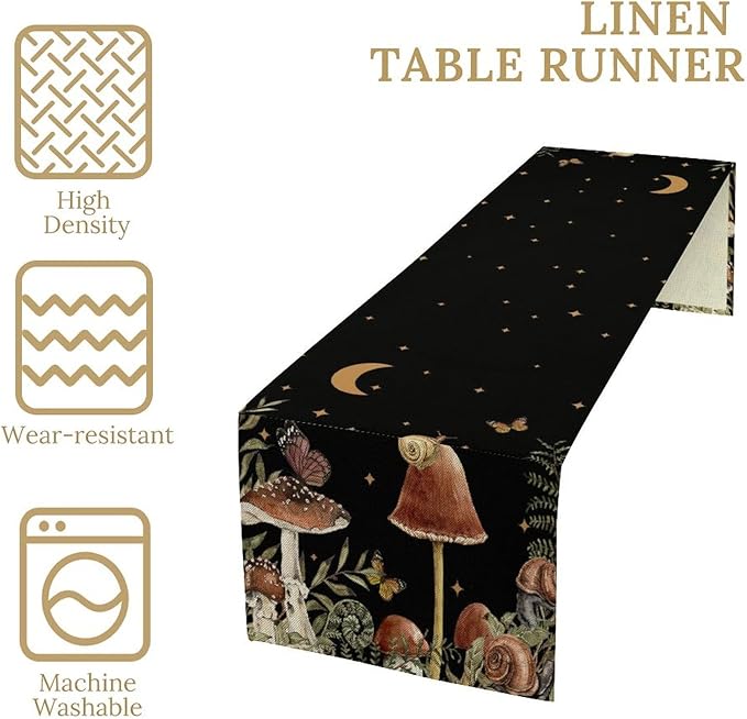 Retro Mushroom Table Runner, Boho Night Plants Leaves Moon Star Botanical Snail Butterfly Print Table Runner for Home Kitchen Dining Table Decor, 13x90inch