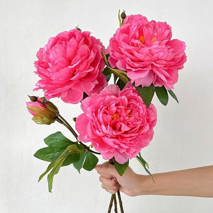 ASTRYAS 4Pcs Large Peonies Artificial Flowers, Hot Pink Fake Silk Peony with Long Stem, Faux Peonies Flowers for Tall Vase Centerpiece Table Wedding Party Home Festival Decor
