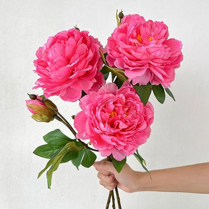 ASTRYAS 4Pcs Large Peonies Artificial Flowers, Hot Pink Fake Silk Peony with Long Stem, Faux Peonies Flowers for Tall Vase Centerpiece Table Wedding Party Home Festival Decor