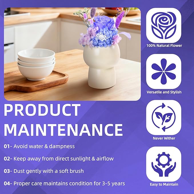 Preserved Floral Gift Set, Everlasting Rose in Small Ceramic Pot - Lasting Beauty for Home Table Decor, Mother's Day, Valentine's Day, Birthday, and Anniversary (Purple)