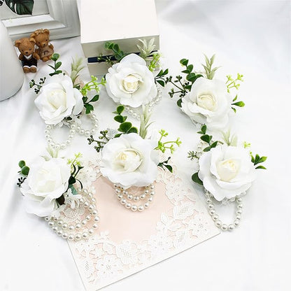 Meldel White Corsage and Boutonniere Set, Ivory Boutonniere, Prom Flower Wrist Corsage Bracelets, Homecoming Corsage Wristlet, Men Boutonniere for Wedding Flowers Accessories Prom Suit Decorations