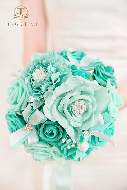TINGE TIME Bridesmaid Bouquets for Wedding Set of 6 Teal Blue 7 Inch Wedding Bouquets Artificial Silk Flowers Bridal Bouquets for Bridesmaids, Wedding Decor, Anniversary