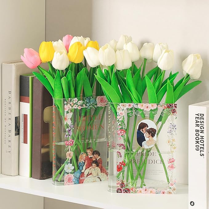 Book Vase, Acrylic Book Vase for Flowers, A Book About Flowers Vase, Book Shaped Vase, Book Flower Vase Clear, Modern Decorative Vase for Living Room, Bathroom, Office, Shelf, Set of 2